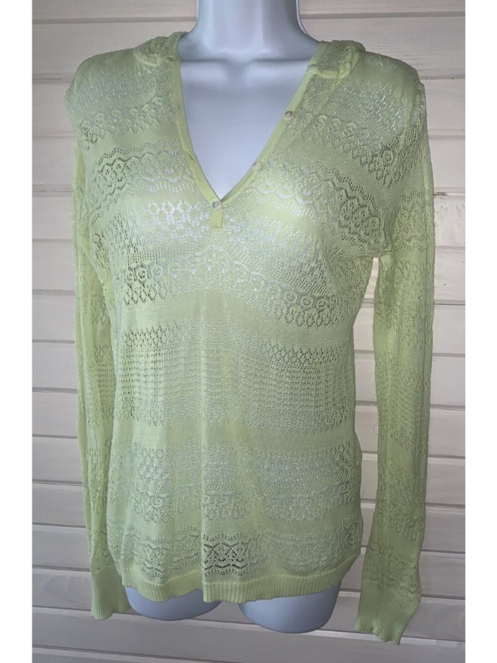 Eddie Bauer Sz SMALL Lime Green Open Knit Pima Cotton Lace Hoodie Shirt VGUC